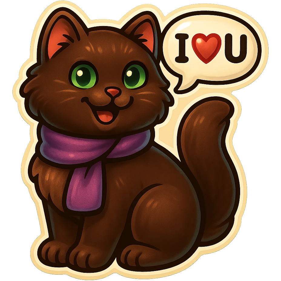 Fluffy happy smiling cute dark-brown cat with green eyes and a purple scarf saying ‘I ♡ U’ (with a speech bubble) emoji