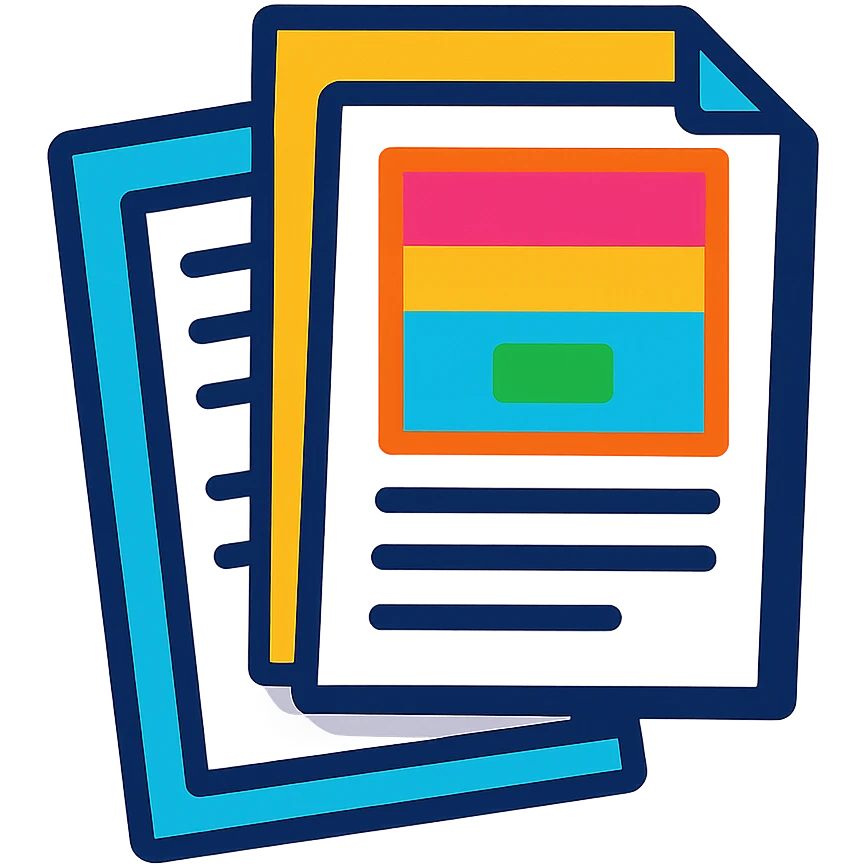icon of stacked A4 papers, one with color print and one with black print, vibrant colorful style emoji