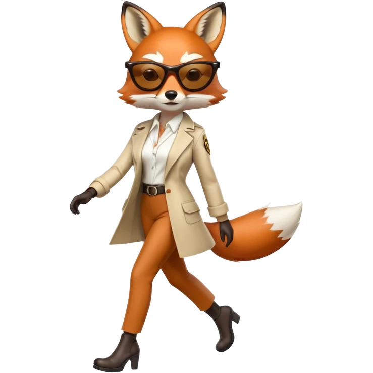 serious anthropomorphised female fox in stylish outfit with sunglasses, walking with confidence, full-body emoji