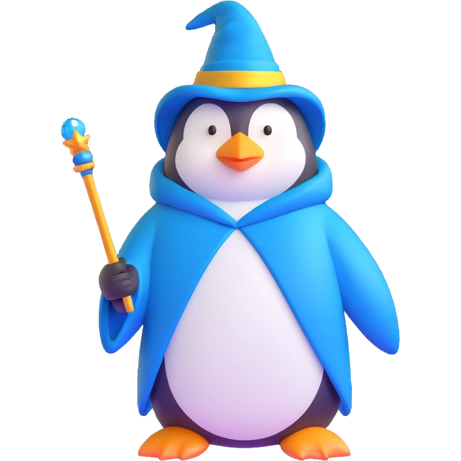 penguin wizard with a blue robe and sparkly wand emoji