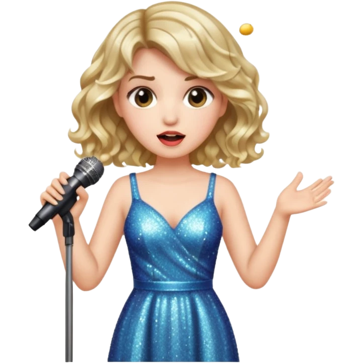 A short wavy female singer in sparkling dress holding a mic with emotional expression emoji