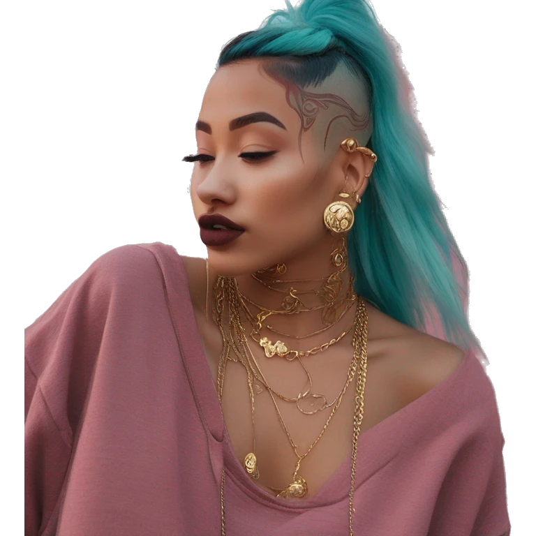 Vintage grunge patina intricate swirls gold jewellery baroque golden sparkle tropical Deep pink maroon burgundy cyan dark hoodie man dyed hair gold piercings nose piercing ear piercings emoji
