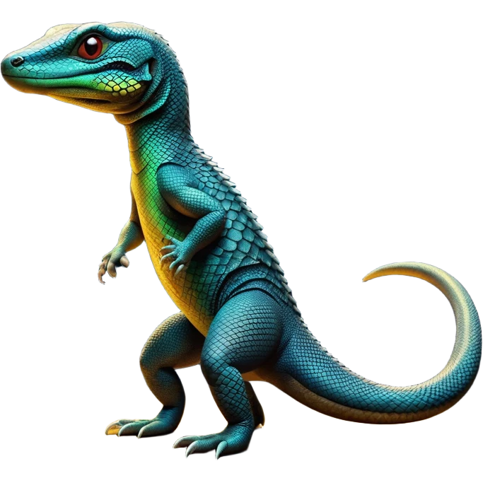 cinematic-monitor-lizard-realistic-full-body-standing on all fours-emoji,-long-powerful-tail-dragging-slightly-behind,-sleek-scaled-body-textured-with-rich-patterns,-head-tilted-dramatically,-dark-intense-eyes-observing-its-surroundings,-simplified-yet-realistic-focused-features,-highly-detailed,-glowing-with-an-almost-sarcastic-glow emoji