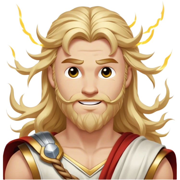 Cinematic Realistic Thor Portrait, head tilted dramatically with an exaggeratedly amused expression, featuring lively, twinkling eyes and a subtle, roguish grin. His fair, radiant skin and long, wavy golden hair, rendered with classical precision, complement his draped white toga adorned with delicate golden details and mythic lightning hints, all brought to life with dynamic lighting that captures both his divine power and playful, approachable charm. emoji