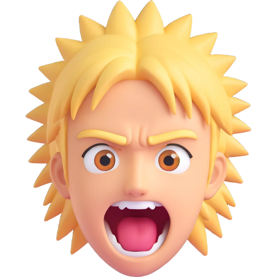 shocked Naruto with spiky blond hair, wide eyes, mouth open, simplified for 3D iOS emoji emoji