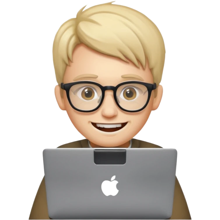 nerdy developer with glasses and prominent teeth, using a laptop, simple, clear emoji style emoji