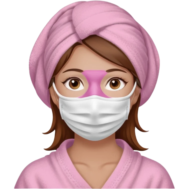 Lady with brown hair, white towel around her head, pink face mask spa beauty full face relaxing emoji