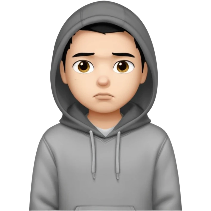 a pretty bratz boy with black hair and a grey hoodie looking sad emoji