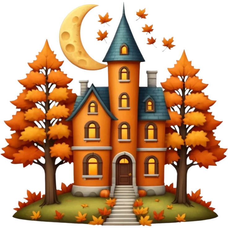A whimsical fantasy style scene of a tall skinny house among tall trees that are a mixture of full lush trees and trees with warm and burnt orange colored fall leaves. Mysterious yet very warm and inviting, a quarter moon shape behind house. Still life very detailed & hyperrealistic  emoji