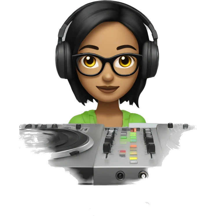 Girl with light olive skin and black hair with glasses on with headphones on a dj mixer emoji