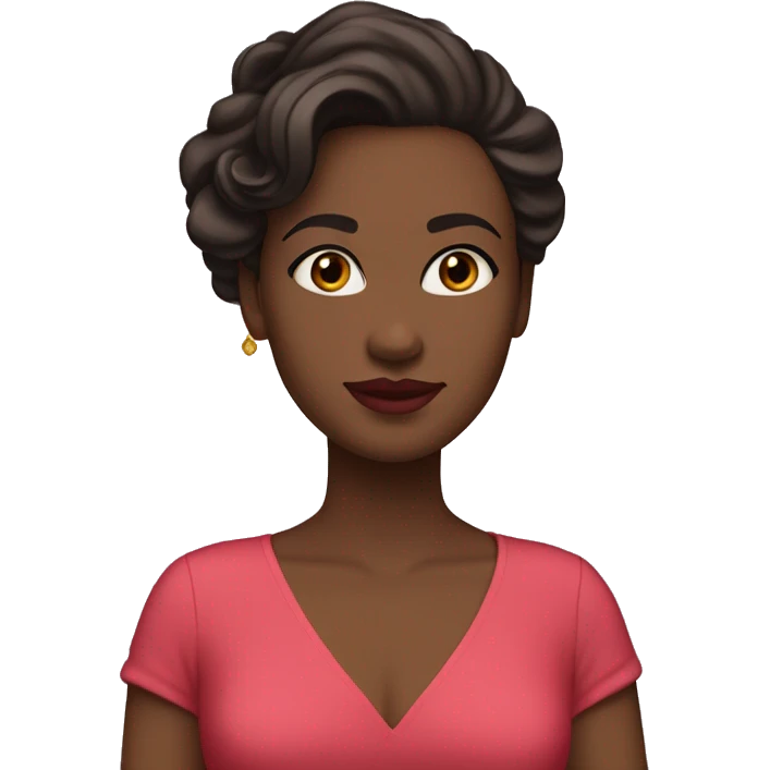 She is white, she has soft features, fair skin, and almond-shaped eyes. Her defined eyebrows and natural pink lips frame her face. Her dark, wavy hair is partially tied back, giving her an elegant yet relaxed look. She wears a luxurious red V-neck dress.
 emoji