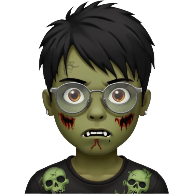 Boy, zombie, black hair, medium long, emo, shaggy, dark, spooky, creepy expression emoji, add dolce gabanna glasses, a risk on the eyebrow, some tattos  emoji