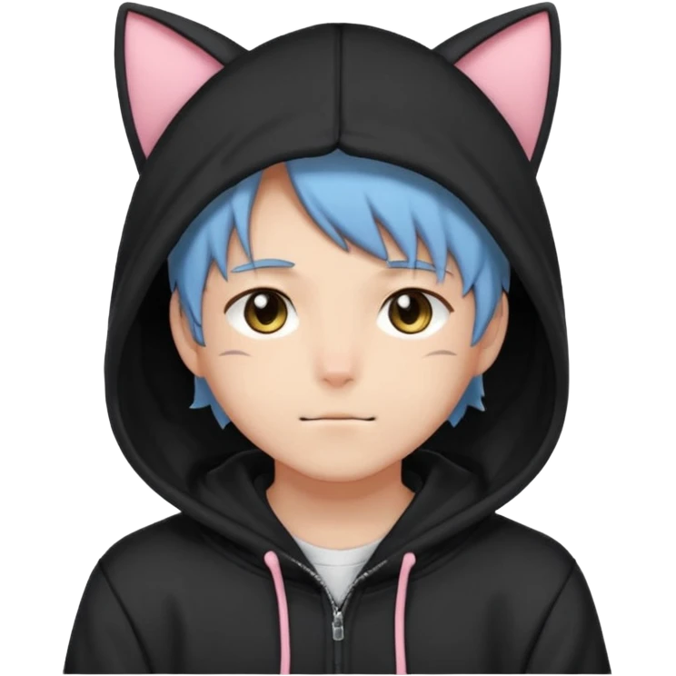 Gorgeous anime style shojo guy with cat ears and blushing face and hoodie aesthetic trending style outside emoji