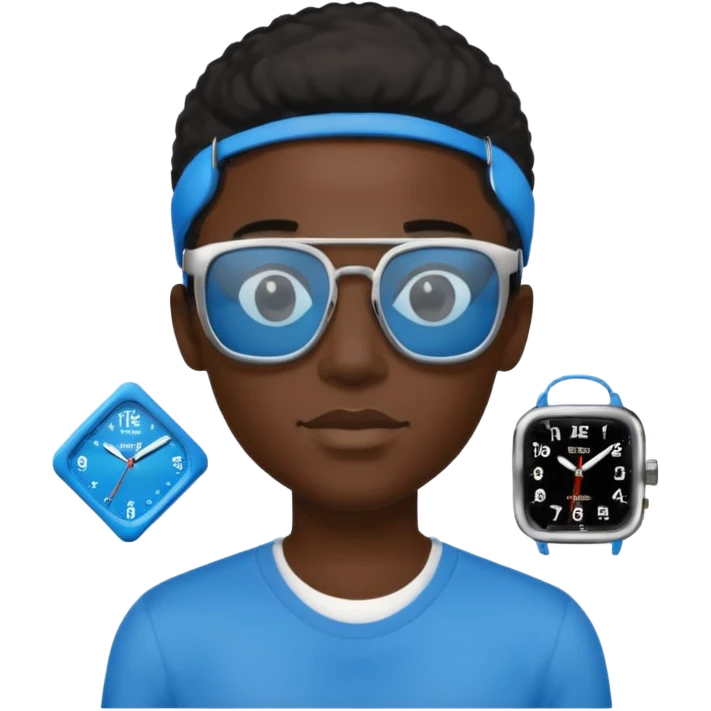 Un garçon noir avec des lunettes de soleil un peu bleu avec un cadran plutôt carré et SANS QU’ON VOIT SES YEUX. Et au dessus de sa tête il y a écrit BOUSs on dois pas voir ses yeux emoji
