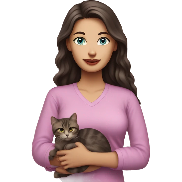 White woman with blue eyes and long dark hair wearing a pink shirt and holding a tabby cat emoji
