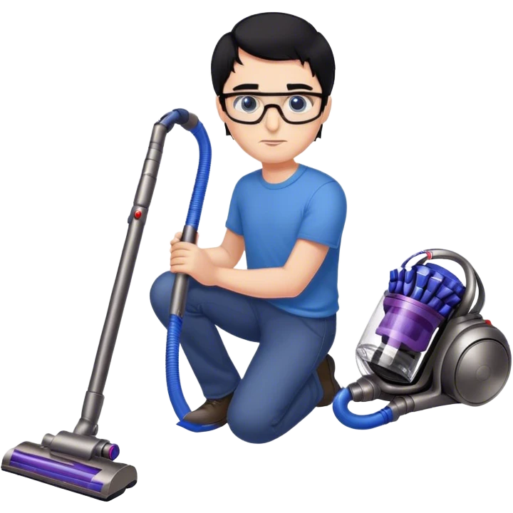 Man with black hair and blue eyes with glasses using a dyson on the floor emoji