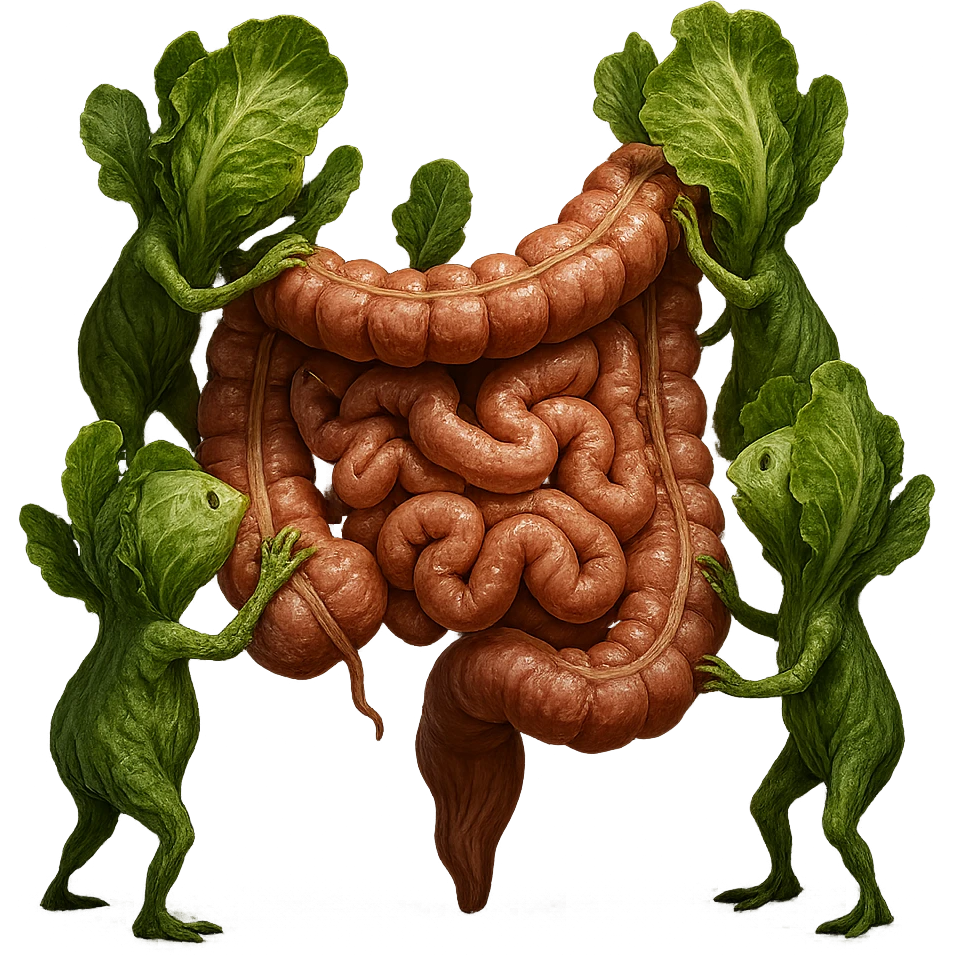 Ultra-realistic 4K illustration: stylized lettuce leaves depicted as plant-like creatures interacting with a human anatomical model of the intestine. The scene is surreal and scientific, with organic textures, refined biological details, dramatic lighting, and a bio-fantasy photorealistic style emoji