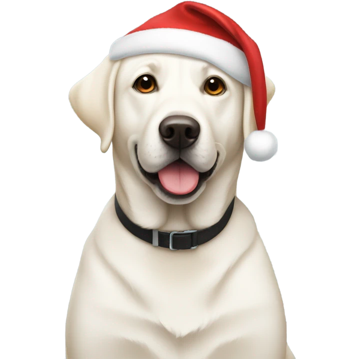 White lab wearing a Santa hat emoji