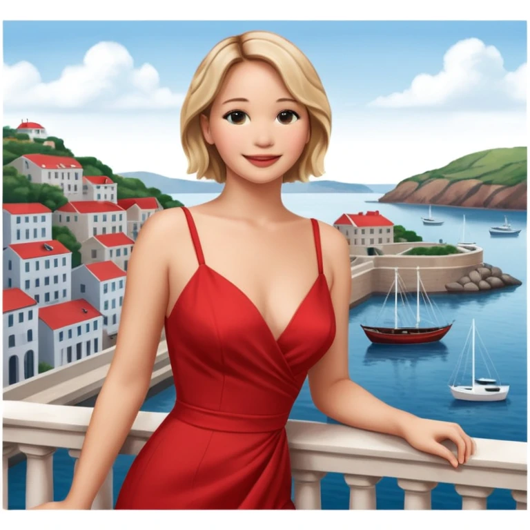 jennifer lawrence, closeup portrait , leaning on a balcony with a harbor and cityscape in the background, smiling, red dress  emoji