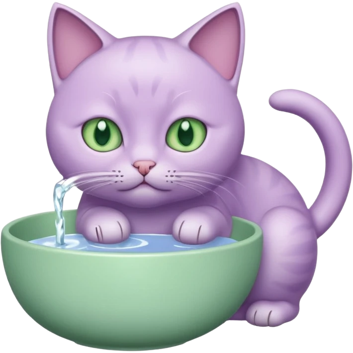 A lilac cat drinks water from a bowl emoji