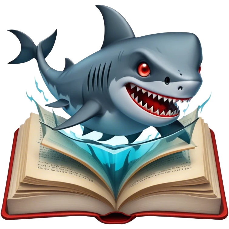 Icon for Horror & Mystery Reading: an open book with eerie glowing symbols, from which rise Dracula with fangs, flying bats, a zombie hand, and a lurking shark with sharp teeth. Surrounding elements. Transparent background. emoji