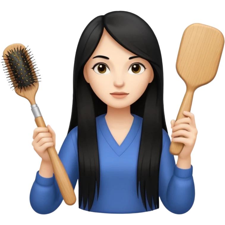 A white woman with long, straight black hair, holding a spray bottle in one hand and a wooden paddle hairbrush in the other. emoji