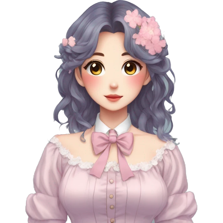Gorgeous pastel anime style lady with blushing face and flowers and laces and bow ties and pretty hair aesthetic trending style emoji