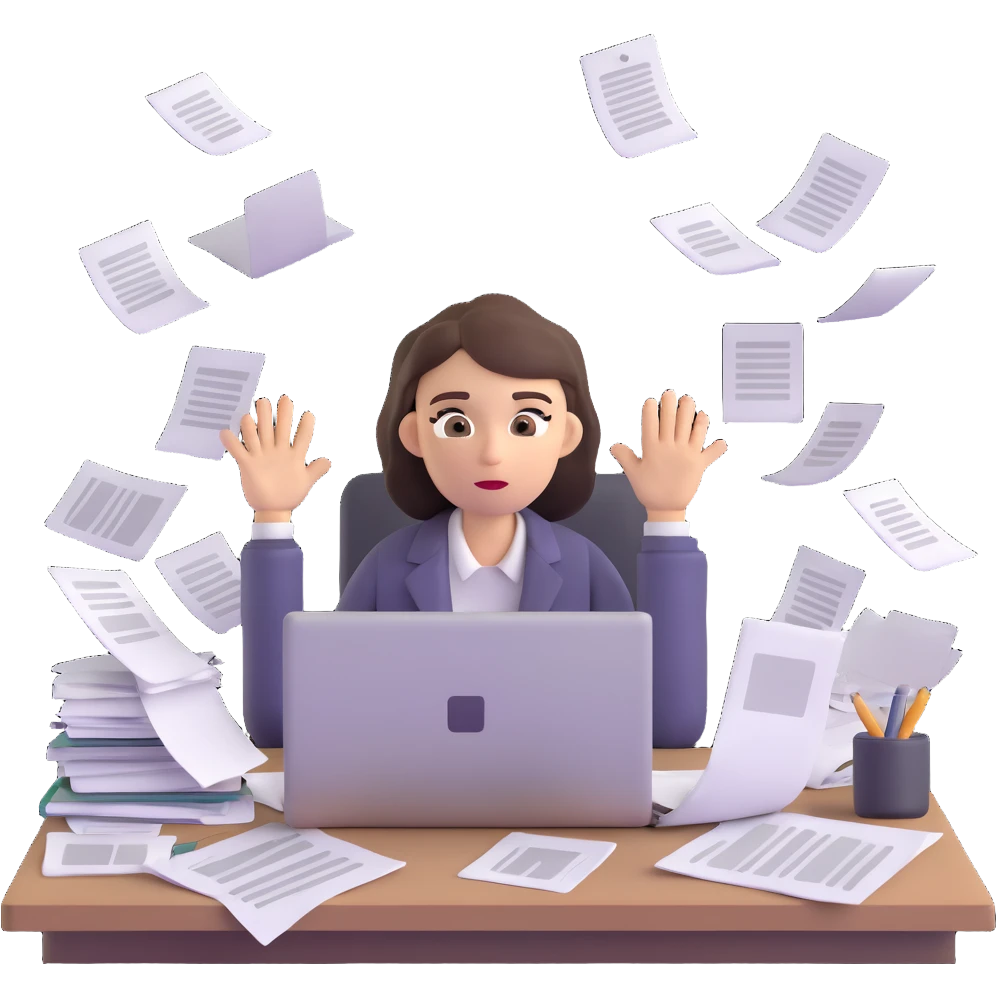 tired woman at a desk with a MacBook, surrounded by messy papers, emphasizing disorganization emoji