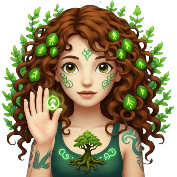 woman with long curly brown hair, brown eyes, white skin, tattoos, growing glowing moss from her fingertips like magic circuits emoji