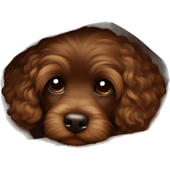 Dark Brown Cavapoo wrapped up in a cozy brown blanket, peeking out, giving off ultimate warmth and comfort vibes. emoji