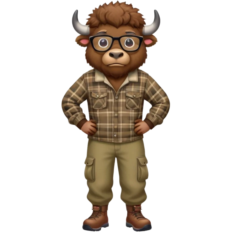 friendly anthropomorphised bison in cargo pants and plaid shirt, wearing glasses, jogging upright emoji