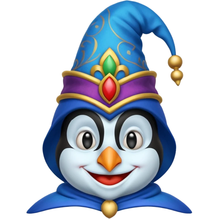 crazy funny colorful penguin jolly joker, medieval, vintage, court jester, mac os icon, blue color emoji