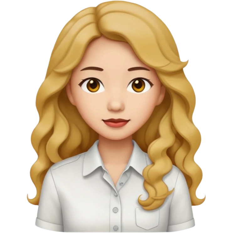 Asian woman, white button-up shirt, long permed wavy hair, emoji style, simple flat colors, transparent background. emoji