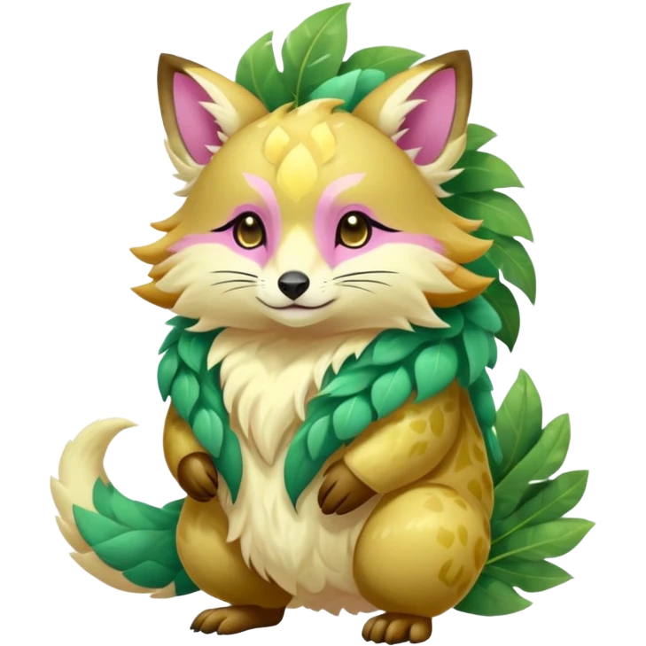 Colorful brown with rose pink, yellow-beige-cream, jade-green tropical exotic shiny beautiful fantasy-Vernid-Cacomistle-animal-Fakémon-hybrid-fursona (full body) emoji
