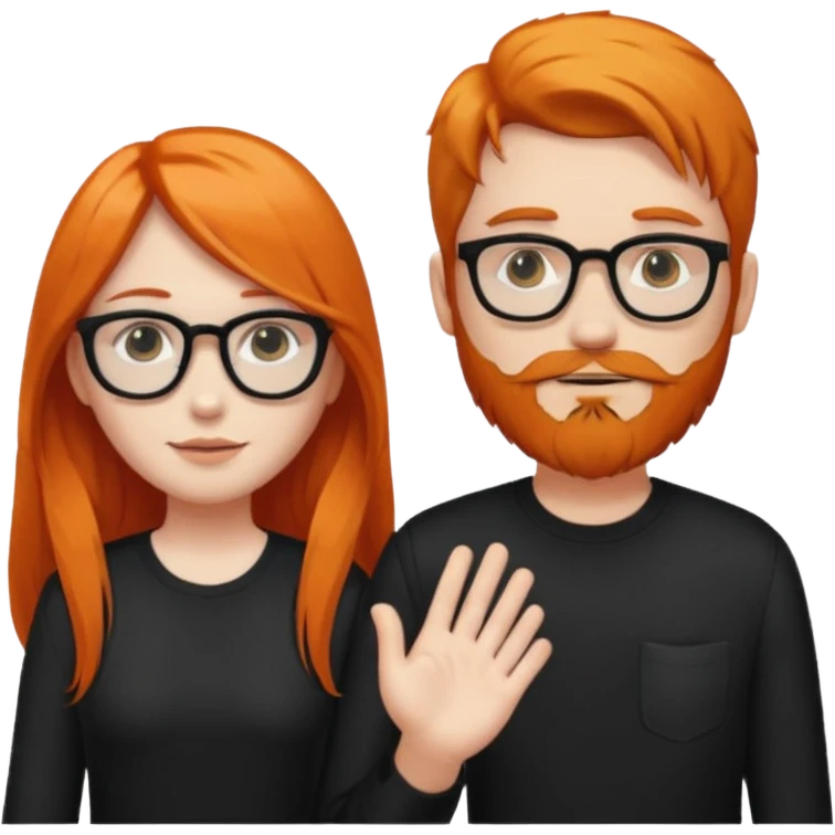 girl with long orange hair wearing no glasses and all black clothes and holding hands with boy with black hair and beard and glasses and pale skin emoji