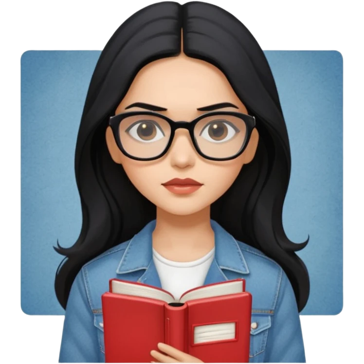 generate a pretty bratz emoji 
Make her wear a white dress with a denim jacket over it.long  black hair in a side part. Holding books

She should look exactly  like Deepika padukone! wearing tiny rectangular spectacle, looking sad emoji