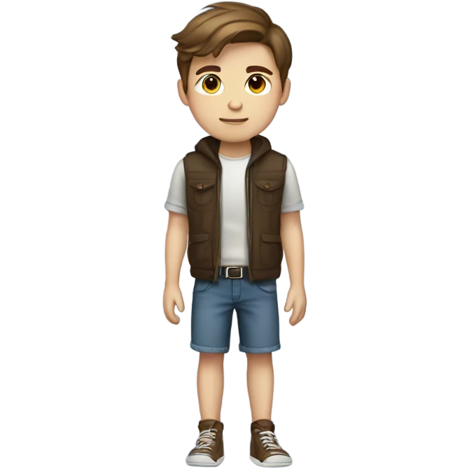 do a teenage boy with brown hair light eyes and a cute outfit, full body legs arms  emoji