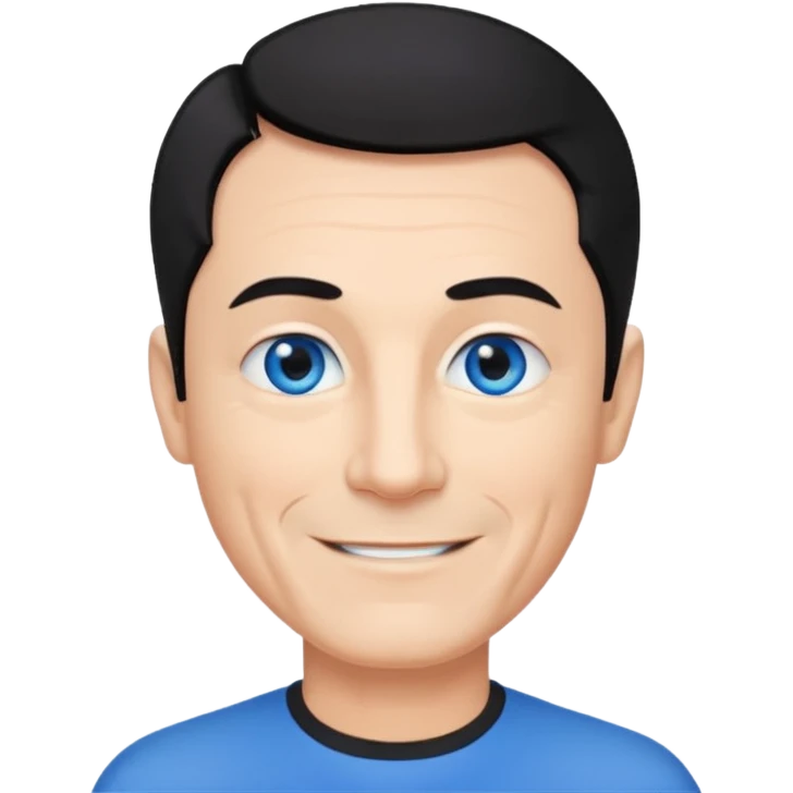 homme 60 ans menton pointu, yeux bleus cheveux noir courts sourir emoji