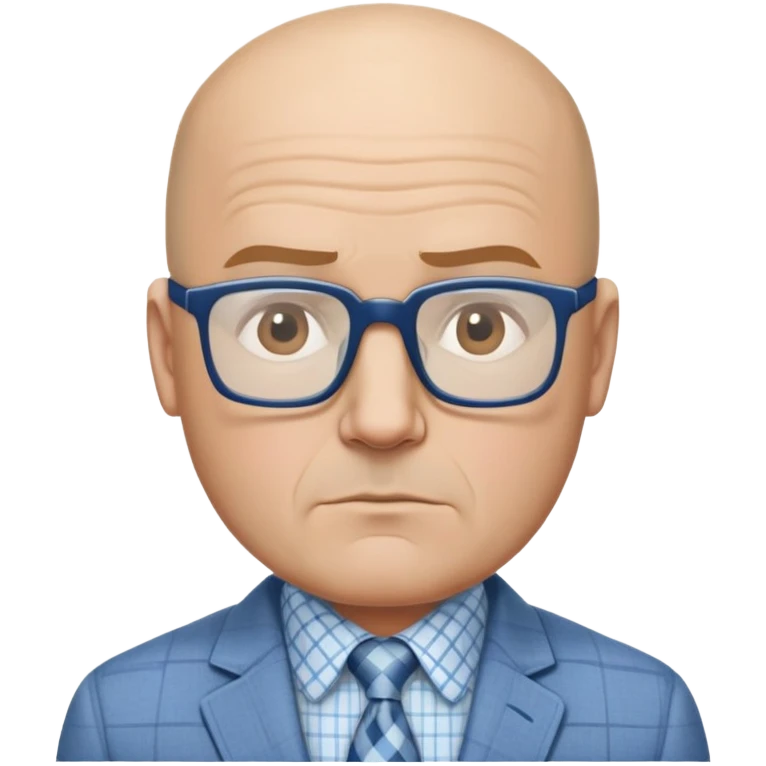Larger 50-year-old man with wide square face. Male pattern baldness with hair only on top/crown of head, completely bald sides. Large dark square glasses. Serious expression. Light gray blazer, white shirt with blue checkered pattern. emoji
