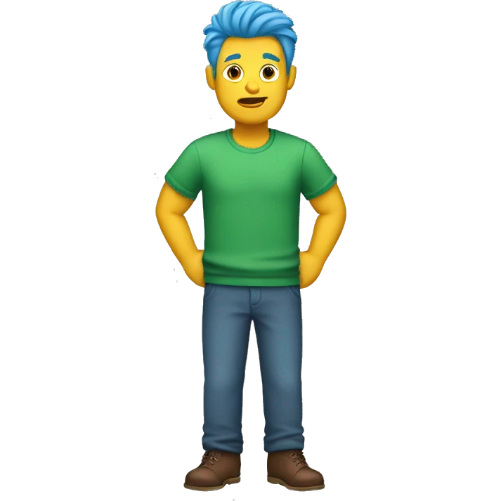 yellow man with blue hair and green shirt with brown pants emoji