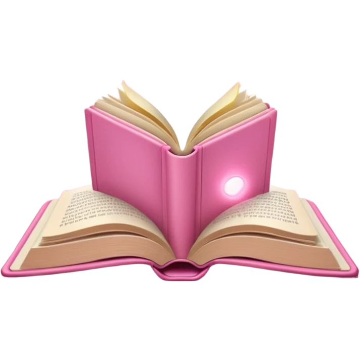 An open pink book with glowing light rays emerging from its pages, magical atmosphere, emoji