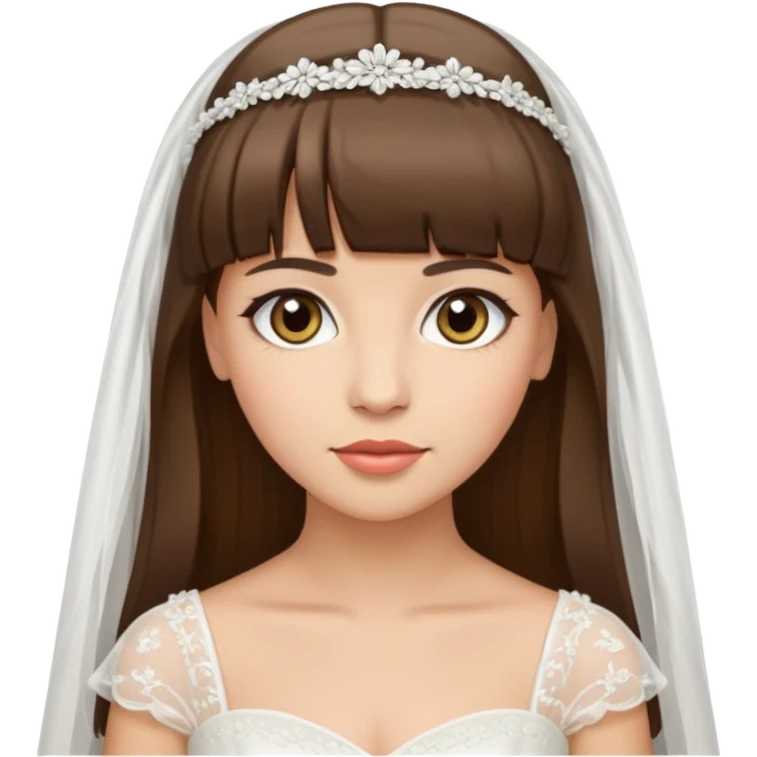 bride emoji with light skin, hazel eyes, brunette straight hair with bangs, wearing a wedding dress emoji