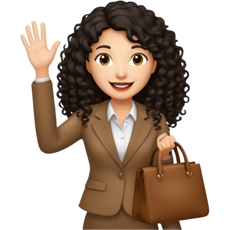 medium deep tan brown business woman with long black curly hair, waving hand with happy face with smile mouth and carrying bag on her shoulder emoji