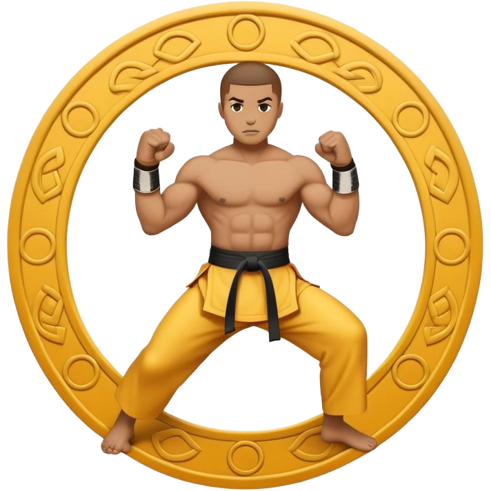 An emblem-style emoji symbolizing striking martial arts. The design features a stylized fighter in a dynamic stance, delivering a powerful punch, surrounded by a circular border with traditional elements like fists and combat symbols. Bold, clean lines with contrasting colors. emoji