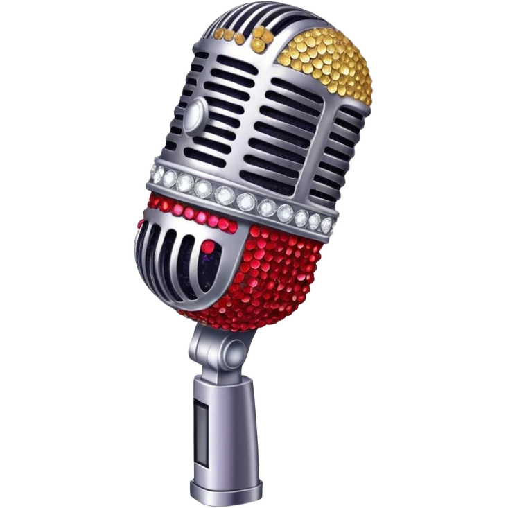 Create a glamorous and vibrant emoji representing stage vocal performance. The design should feature a humanless collage of classic vintage microphone, stage costume covered in rhinestones, sparkling brightly. The costume should be stylized, with glittering elements like sequins and sparkles, and reflect the glitzy, extravagant nature of show business. The microphone should have a sleek, retro look with chrome or metallic accents. Use rich, dazzling colors like gold, silver, deep purple, and bright red to evoke the glamorous, larger-than-life feel of a stage performance. The background should be transparent. emoji