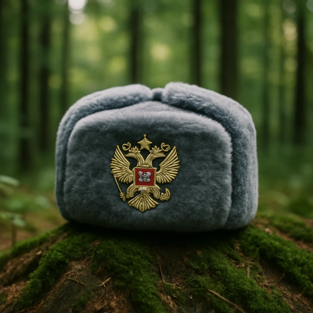 Russian ushanka hat with the emblem of Russia in a forest background emoji