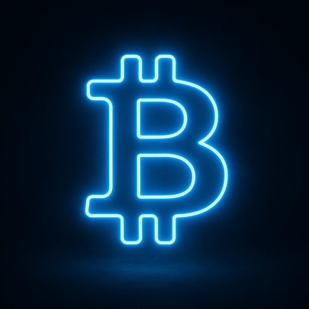 Bitcoin sign (₿) emoji, neon-blue style, electric-blue glow, smooth lines, techy aesthetic, dark background. emoji