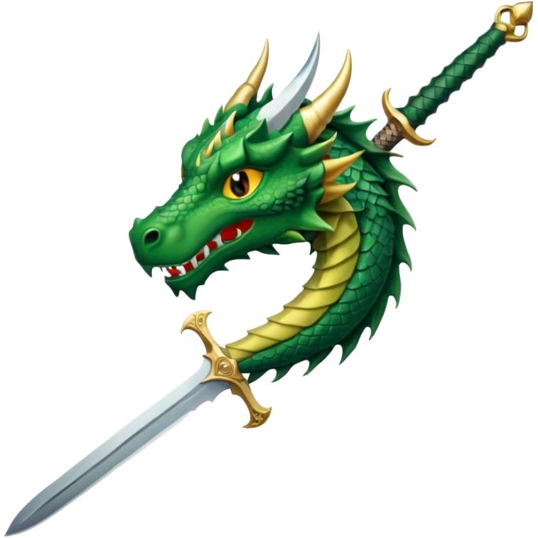 green dragon head with sharp features, medieval sword with ornate hilt and wide blade above, simple clear, transparent background emoji