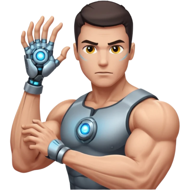 a muscular man with cybernetic arm and glowing eye emoji