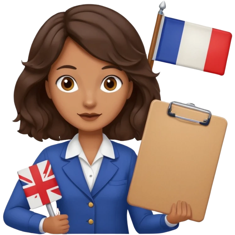 wavy dark brown hair, no glasses, fox dark eyes, with a little file in the hand, being a teacher with a board in the background with a french flag, emoji